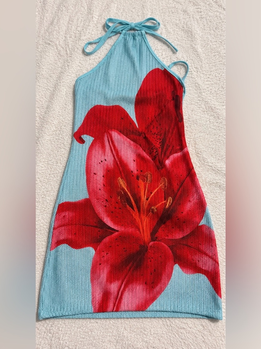 SHEIN Blue & Red Floral Halter Open Back Swim Cover Up Dress